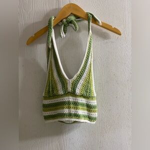 Hollister green white striped knit Crochet crop halter top Women Sz XS